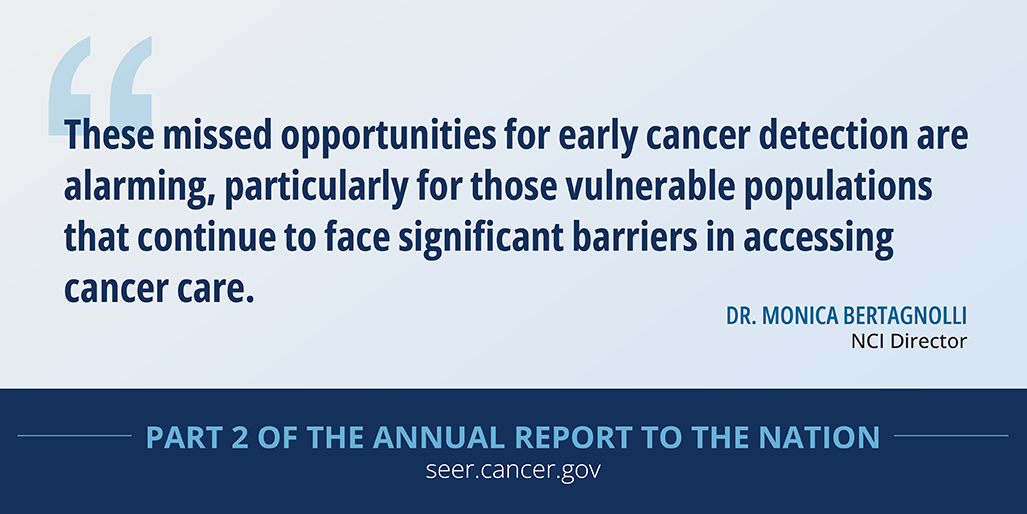 Quote from NCI Director Dr. Monica Bertagnolli: These missed opportunities for early cancer detection are alarming, particularly for those vulnerable populations that continue to face signifcant barriers in accessing cancer care.